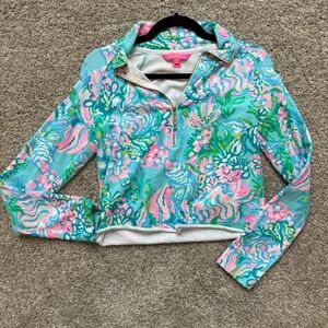 Lilly Pulitzer Cropped XS Aqua Pink Swirl Print 1/4 Zip Pullover